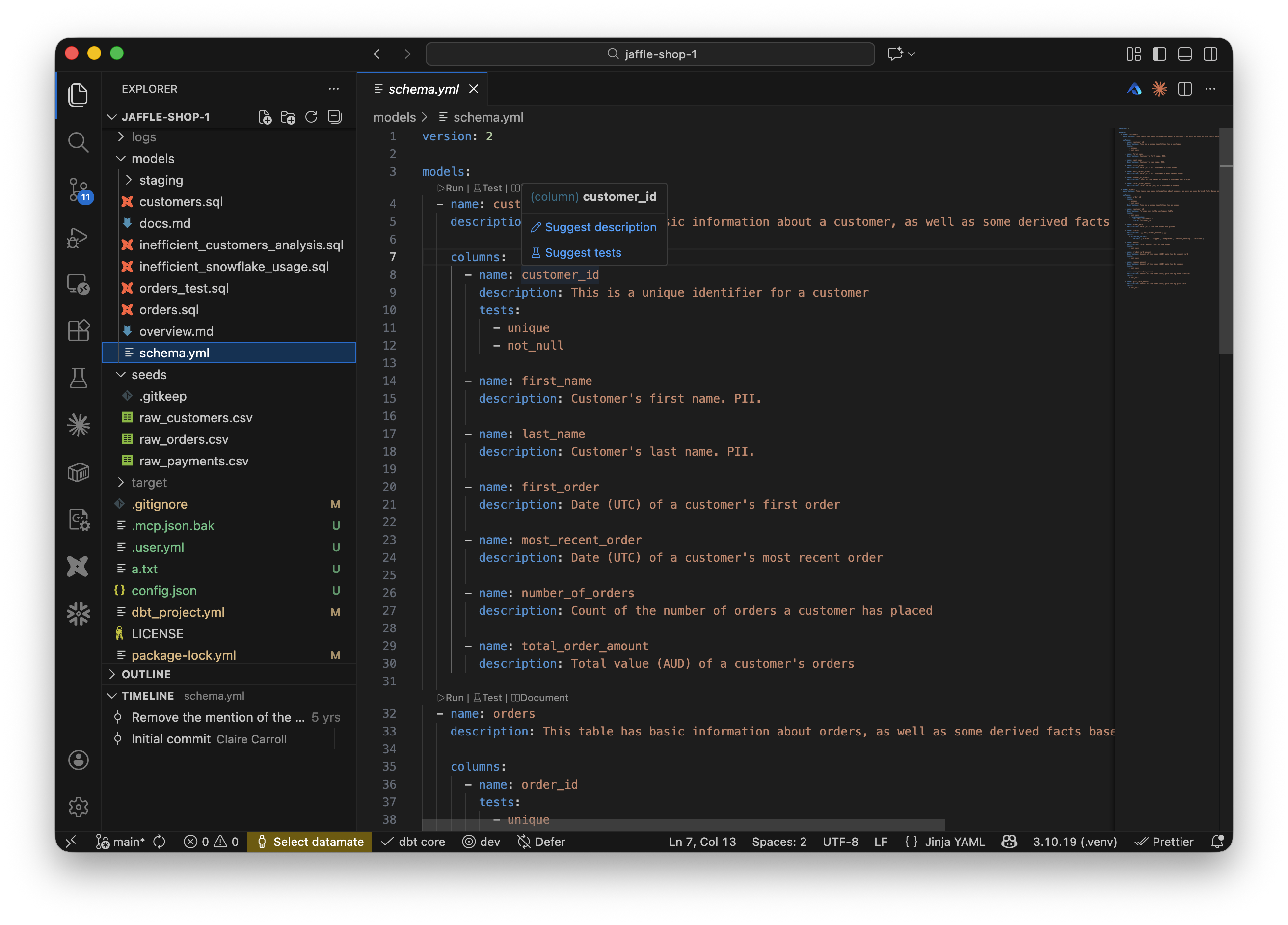 Hover popup on a column name: in schema.yml showing "Suggest description" and "Suggest tests"