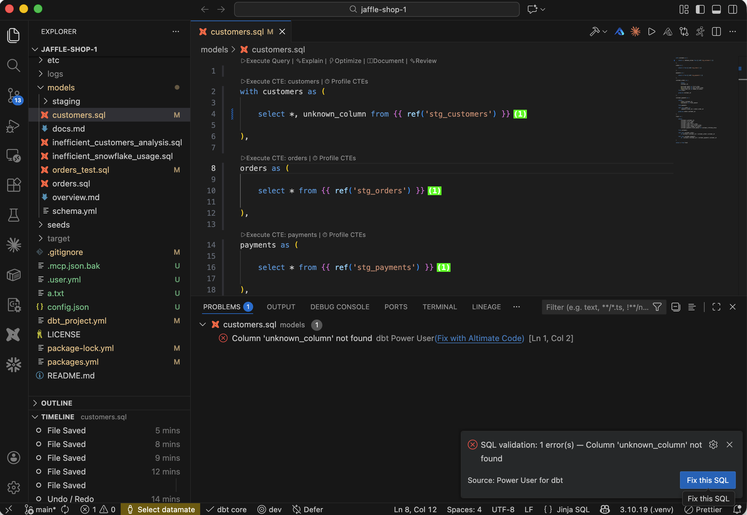 Validate SQL error popup with the "Fix with Altimate Code" button