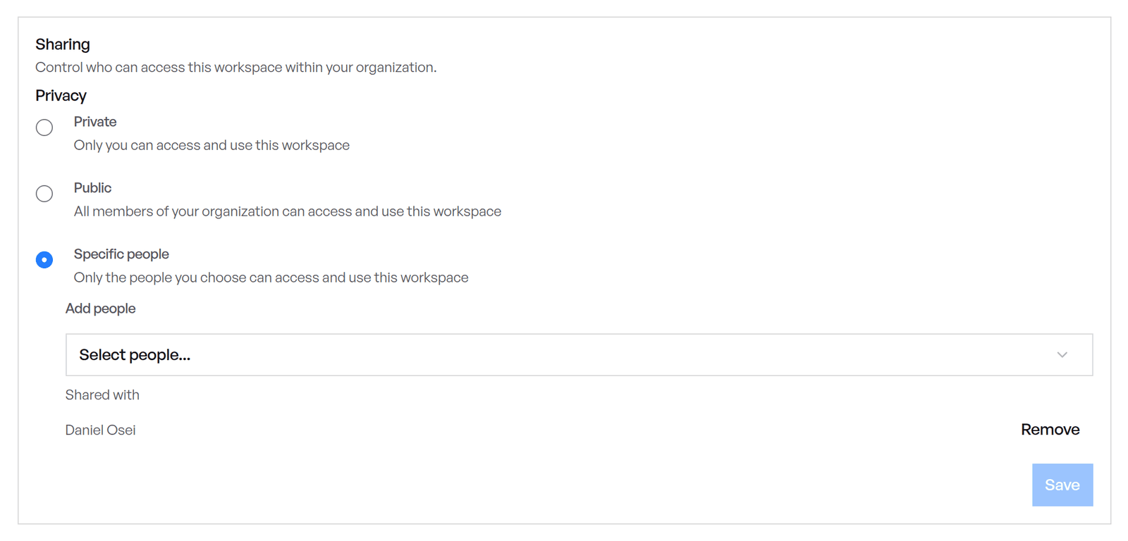 The Sharing card on a workspace's Overview tab, shared with one person