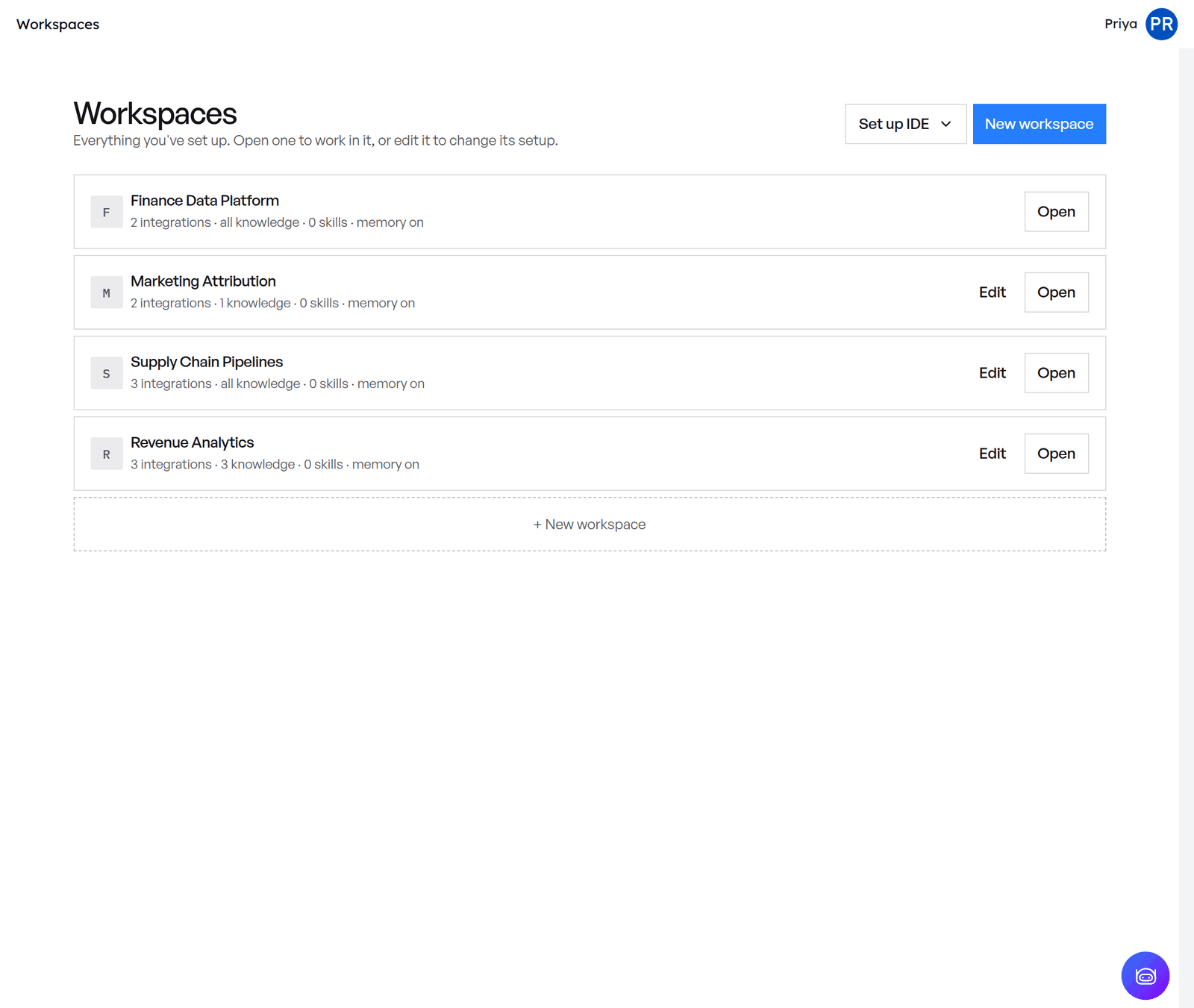 Your workspaces in the Altimate web app